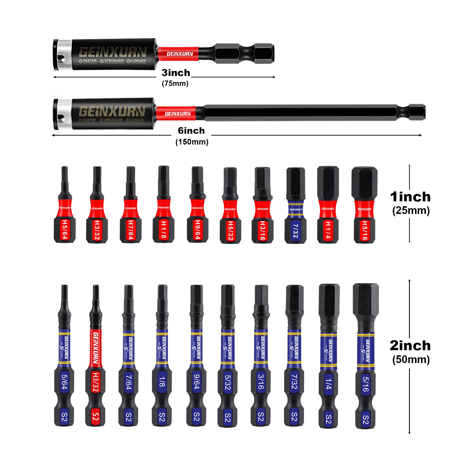 GEINXURN Multi Hex Head SAE Power Impact Tough Magnetic Allen Wrench Drill Bits Set, with Extension Bit Holder