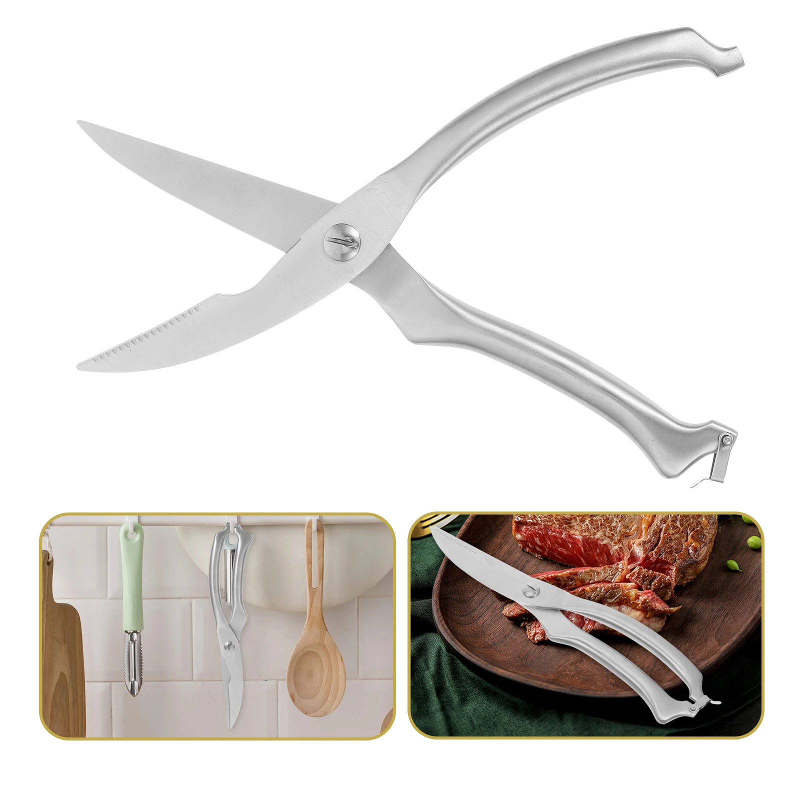 

Kitchen Scissors Stainless Steel Shear Bone Cutting BBQ Large Force Ambidextrous Grip Poultry Shears Seafood Preparation