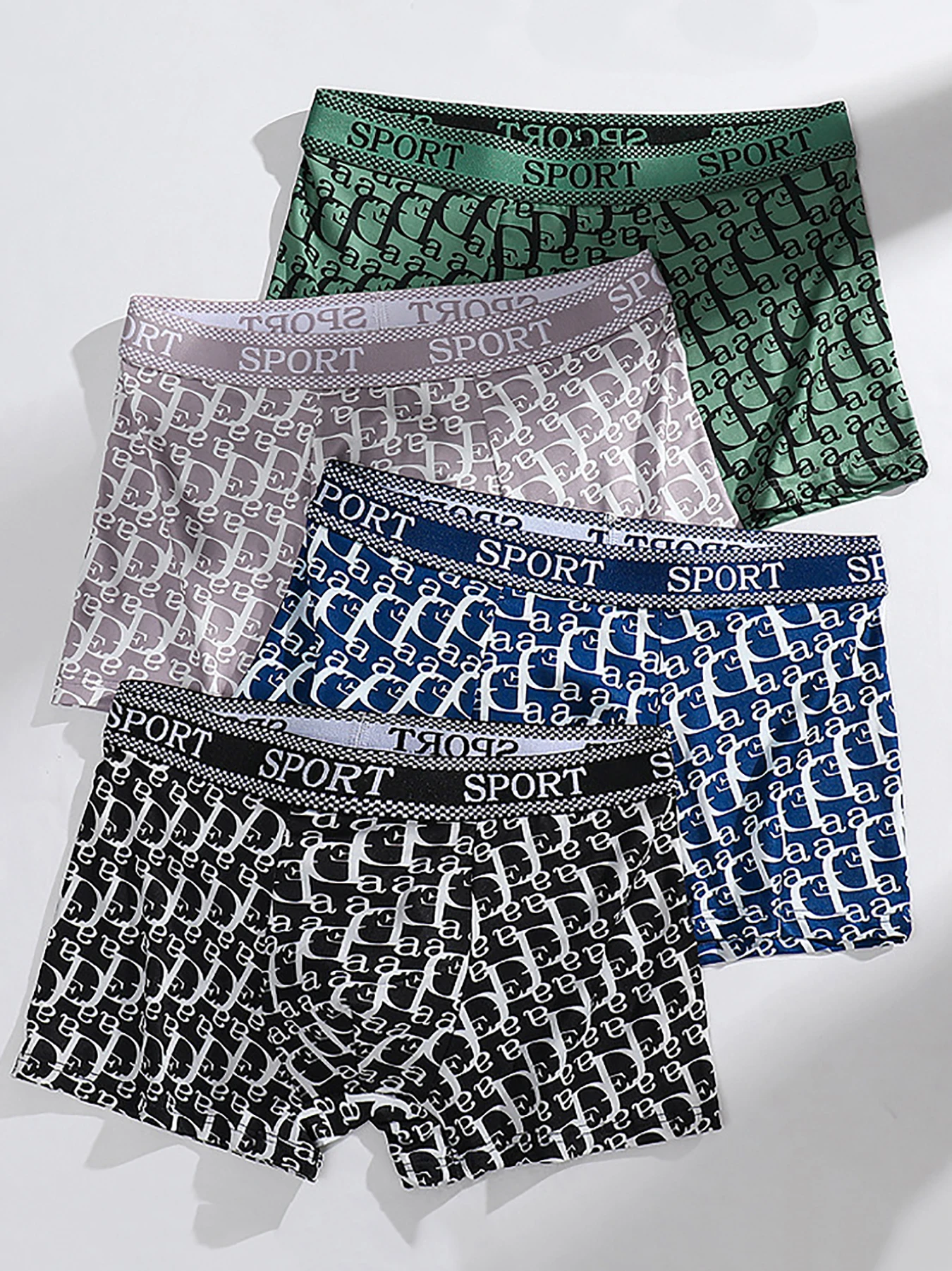 

Men's 4-Piece Polyester Boxer Briefs Set - "SPORT" Logo Waistband, Monogram Patterned, Multi-Color Underwear