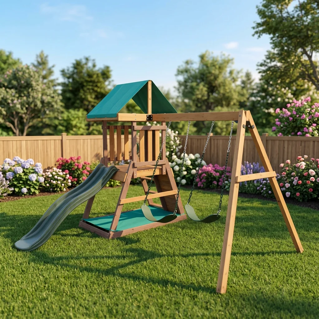 ia-New Design Nature's Play Fort Wooden Playground Wood Play House Climbing Frame With Swing and Slide for Family Play#