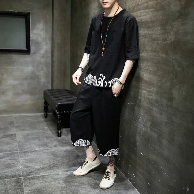 Винтажные комплекты с вышивкой и v-образным вырезом, топы и брюки с длинными рукавами, уличная одежда в китайском стиле, хлопковый свободный мужской костюм, повседневный комплект из 2 предметов 1 MN1