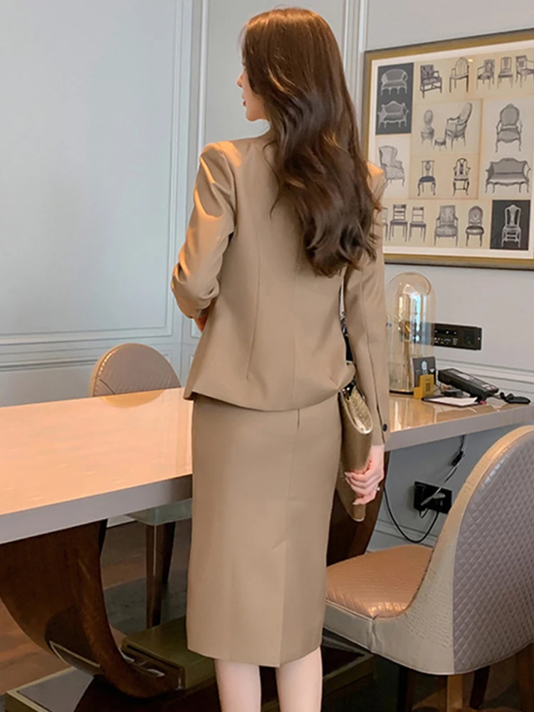 2023 Spring Professional Elegant 2 Pieces Sets Women Khaki Open Stitch Jacket Split Midi Skirt Office Business Formal Lady Suits