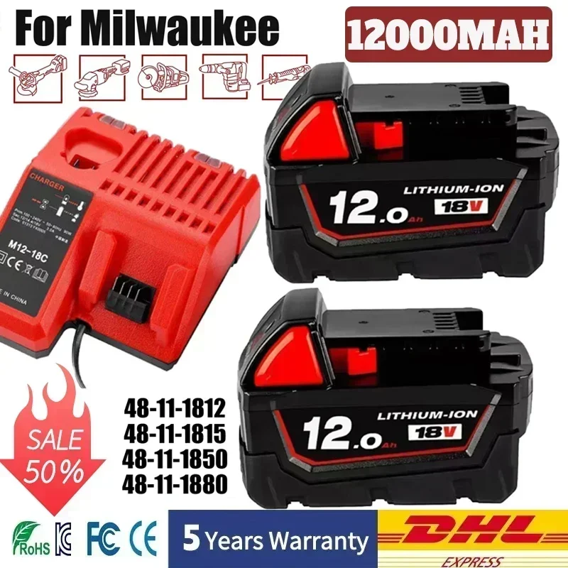 

For Milwaukee M18 Power Tool Battery, Charger, BR, XC, 18V, 6000mAh/12000mAh M18B5, 48-11-1860, Built-in 18650 Battery