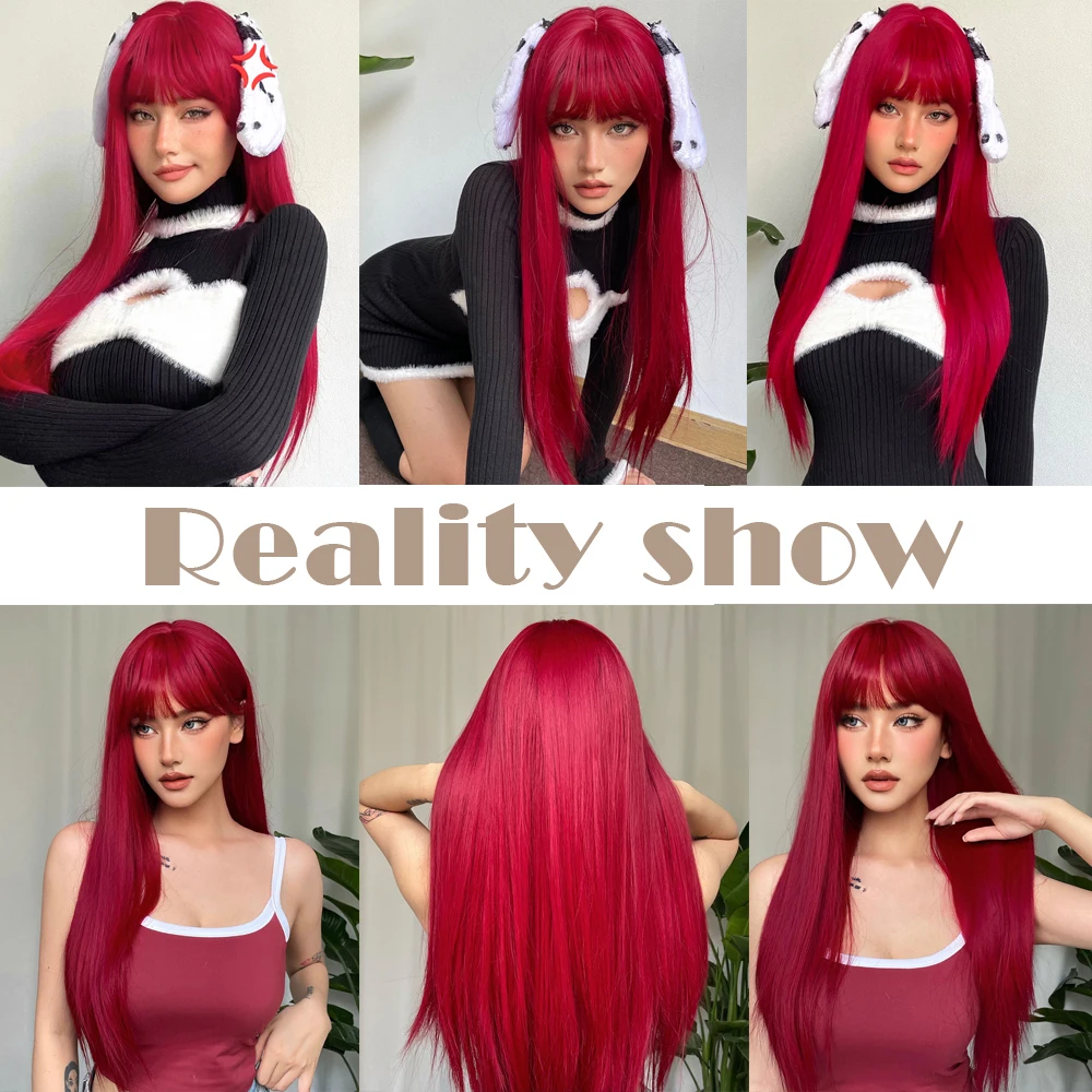 HAIRCUBE Wine Red Long Straight Synthetic Wigs With Bangs for Black Women Cosplay Christmas Wigs Heat Resistant Natural Hair