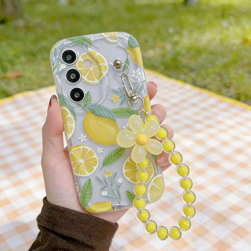 Yellow Lemon Flower Lanyard Phone Case For Samsung Galaxy S26 S25 S24 S22 S23 Ultra Plus FE A56 A55 A37 A36 A27 A26 A16 Cover