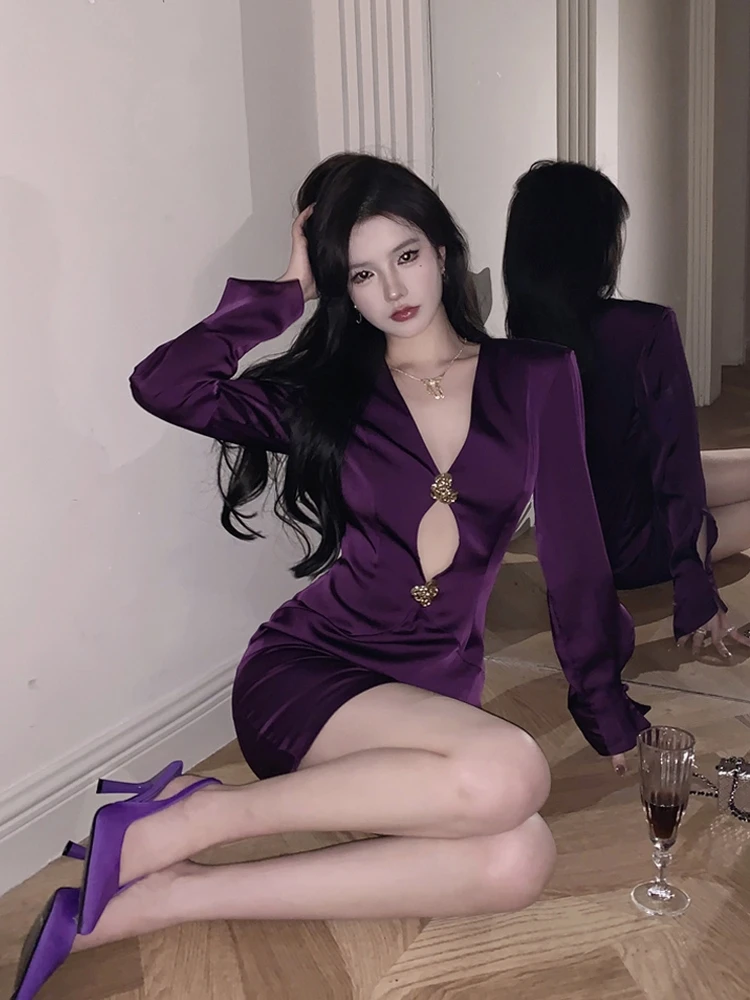 

Ele Purple Satin Long Sve Hollow out Dr Women's Par Gown Sexy Pure Desire Casual Wear High Waist Zipper Sle