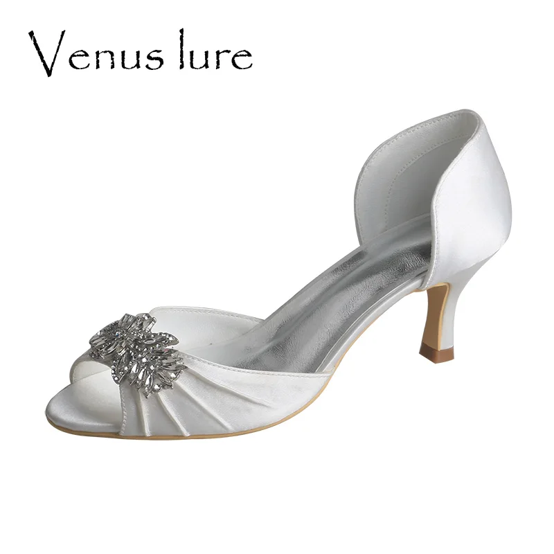 Wedopus Customized 6.5CM Peep Toe Bridal Wedding Shoes with Crystal Brooch Ivory Satin Ladies Pumps Mid Heels