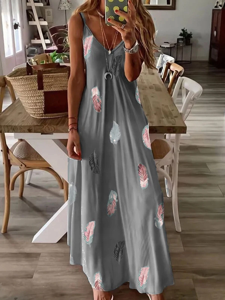 

2026 Stand-alone Sleeveless Slim Fit Feather Print Low-cut V-neck Sling Skirt Women's Fashionable Summer Skirt