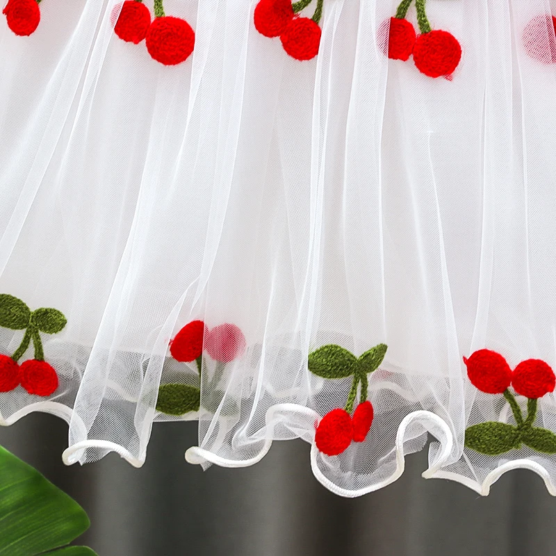 Summer Fly Sleeve Baby Girl Dress Mesh Short-sleeved Dresses Stitching Embroidery Yarn Skirt Cotton Cherry Princess Skirt 0-3Y