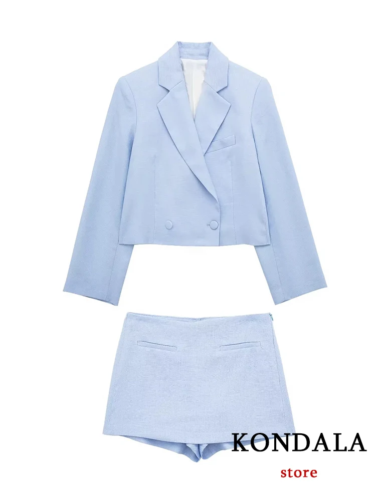 KONDALA Vintage Streetwear Chic Solid Blue Casual pendolarismo donna vestito moda 2023 elegante giacca a maniche lunghe Mini pantaloncini gonne