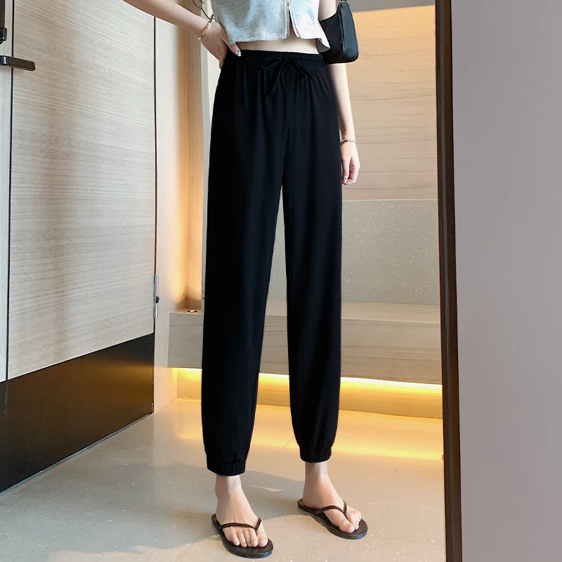 Ice Silk Loose Cuffed Sports Pants Women's Summer Thin Casual Harlan Pants High Waist Nine Points Anti-Mosquito Thinming Effect