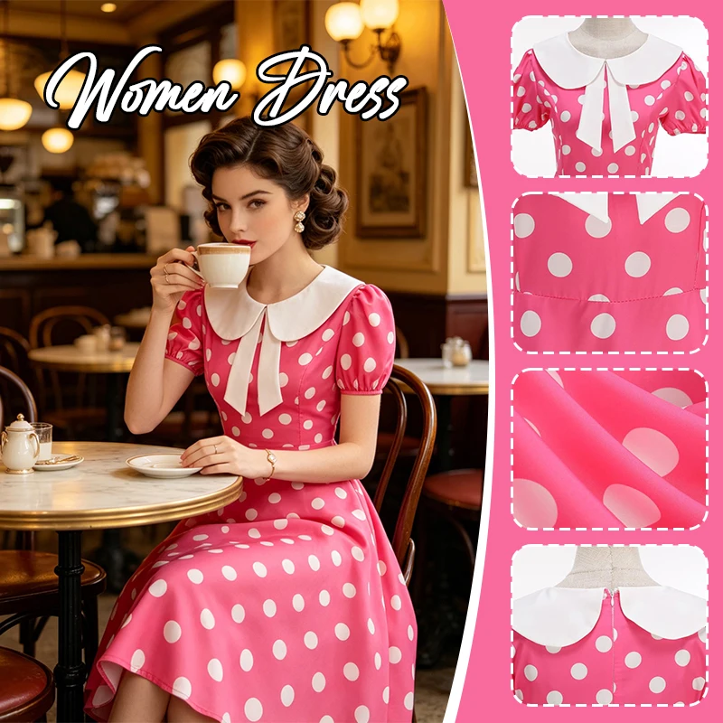 Vintage 50s Polka Dot Dress Women Elegant Turn-down Collar Swing A-Line Party Midi Dress Retro Robe Femme Clothing