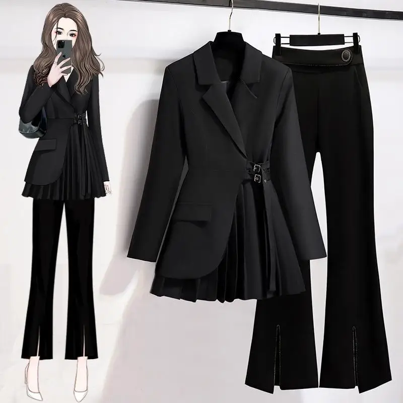 Korean Popular Autumn New Style Drape Belt Decorative Casual Suit Jacket Wide Leg Trousers Two Piece Elegant Women's Pants Set