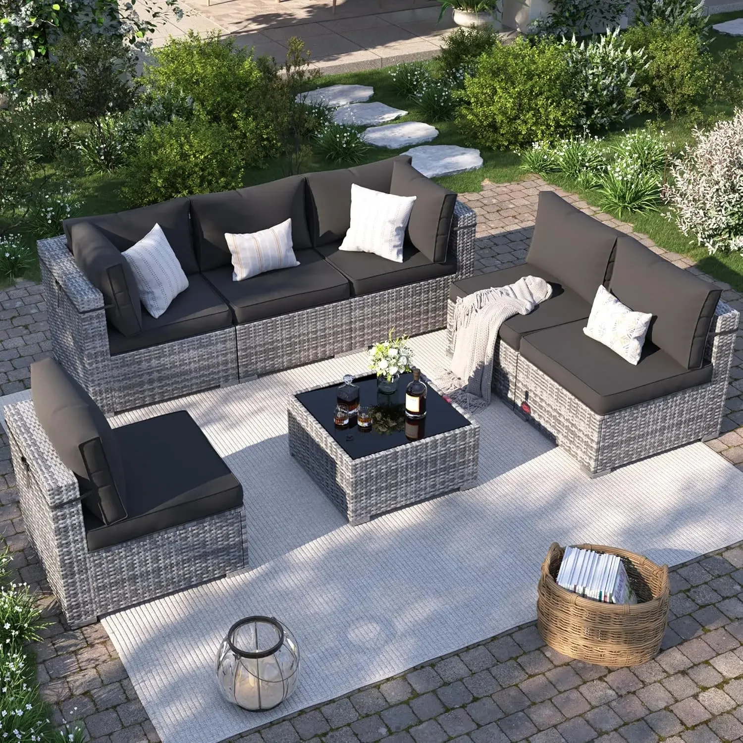 Patio Furniture Set, Outdoor Sectional with Free Cover, All-Weather Wicker Patio Conversation Sets for Backyard