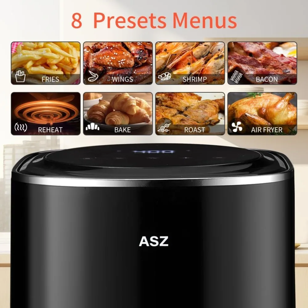 ASZ Digital Air Fryer 4.5qt with Window  8 Presets Bake Toast Broil Reheat Bacon Black 400°F Airfryer 85% Oil Less