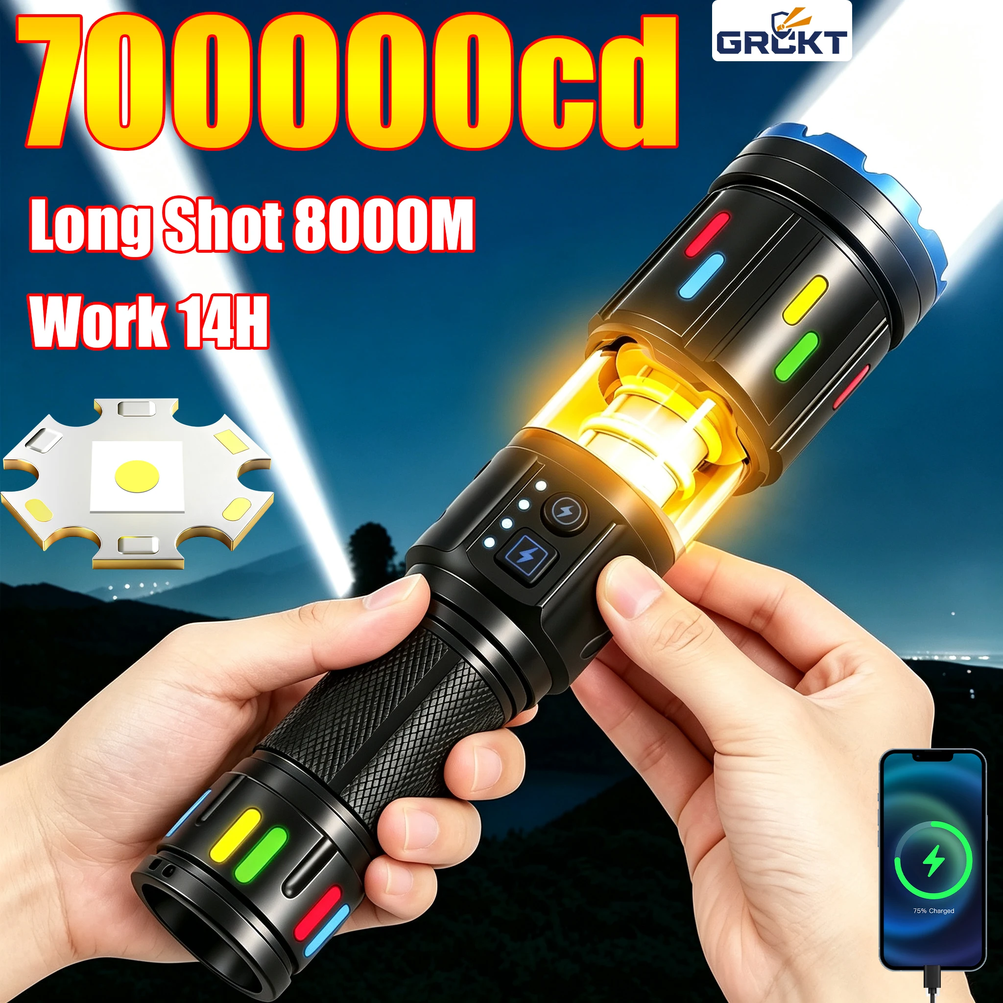 700000cd Ultra Bright LED Flashlight Powerful Rechargeable Tactical Torch with Side Light 8 Lighting Modes for Adventure Outdoor