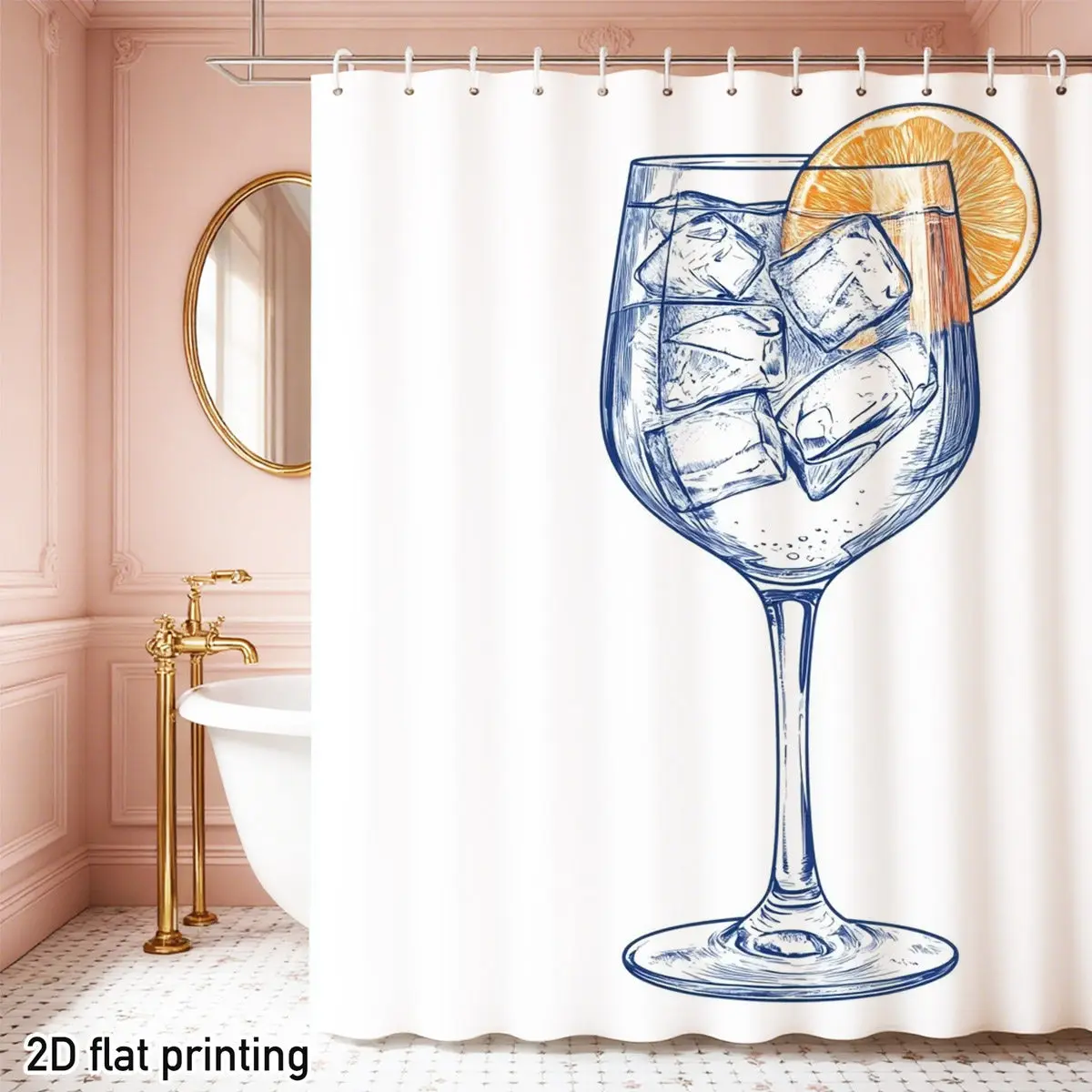 

Shower Curtain Polyester Gin Cocktail Ice Orange Slice 2D Flat Waterproof Grommet Top Bar Theme Decor Summer Gift