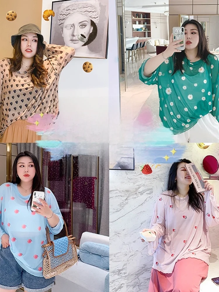 

Large Size Summer Long Sleeve T-Shirt Women's Sun Protection See-through Top Korean Style round Neck Casual Fashion