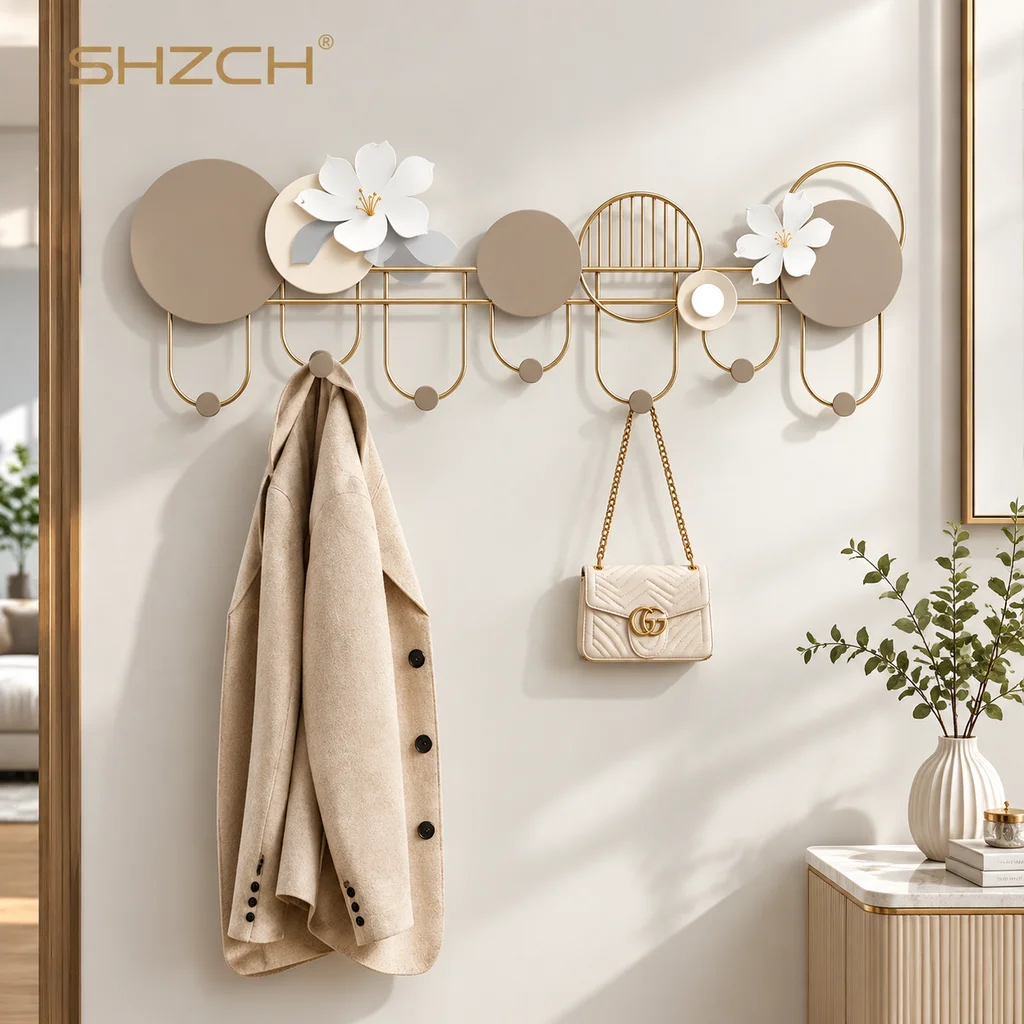 Cream-colored Iron Wall Hooks No Drill Mounted Coat Rack Entryway Creative Floral Pattern Adhesive Organizer for Jackets