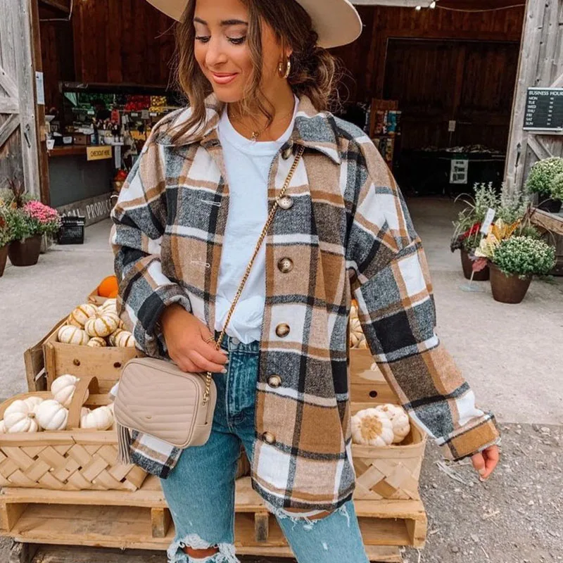 Lucyever Classic Plaid Shirt Jacket Women Casual All-Match Loose Long Sleeve Turndown Collar Coats Autumn New Vintage Woman Tops