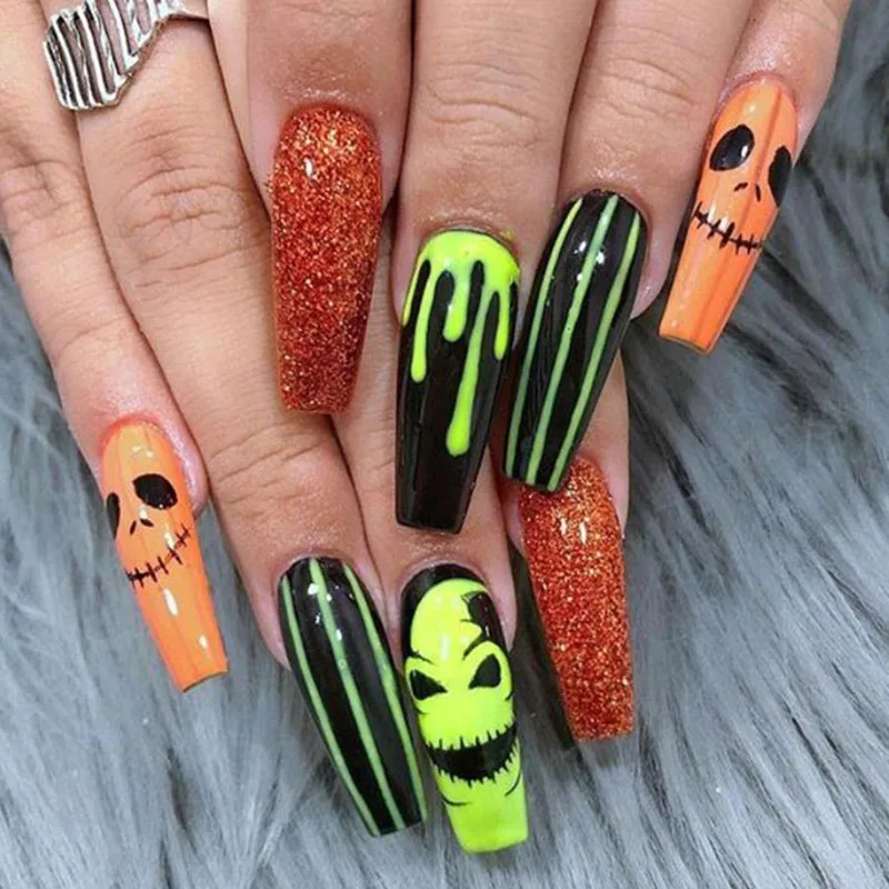 

24Pcs Long Square Press on Nails - Halloween Design with Funny Pumpkin, Green Ghost, Blood Red Glitter and Green Stripes