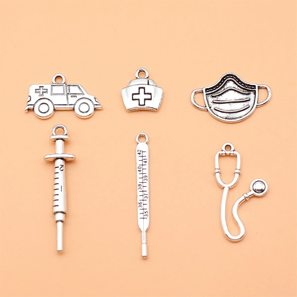 6pcs Medical Series Ambulance Medicine Kit Mask Syringe Thermometer Stethoscope Charms Collection, 6 Styles, 1 of Each