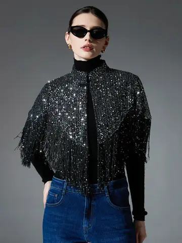 Autumn Winter Women Layers Poncho Elegant Retro Shiny Silver Sequin Tassel Wrap Shawl Capa Para Short Cloak Coat Party Prom Chic