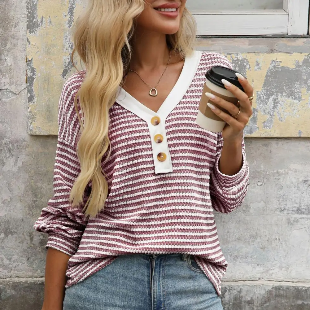 

Women T-shirt V-neck Long Sleeve Buttons Half Closure Pullover Tops Color Block Splicing Design Casual Tops Loose Women Blouse