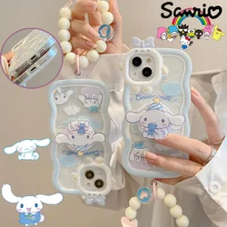 Sanrio Cinnamoroll Stand Phone Case for IPhone 15pro 14 13 12 11 Pro Max Case Bracelet with Pendant Back Cover Girl Chain Cover