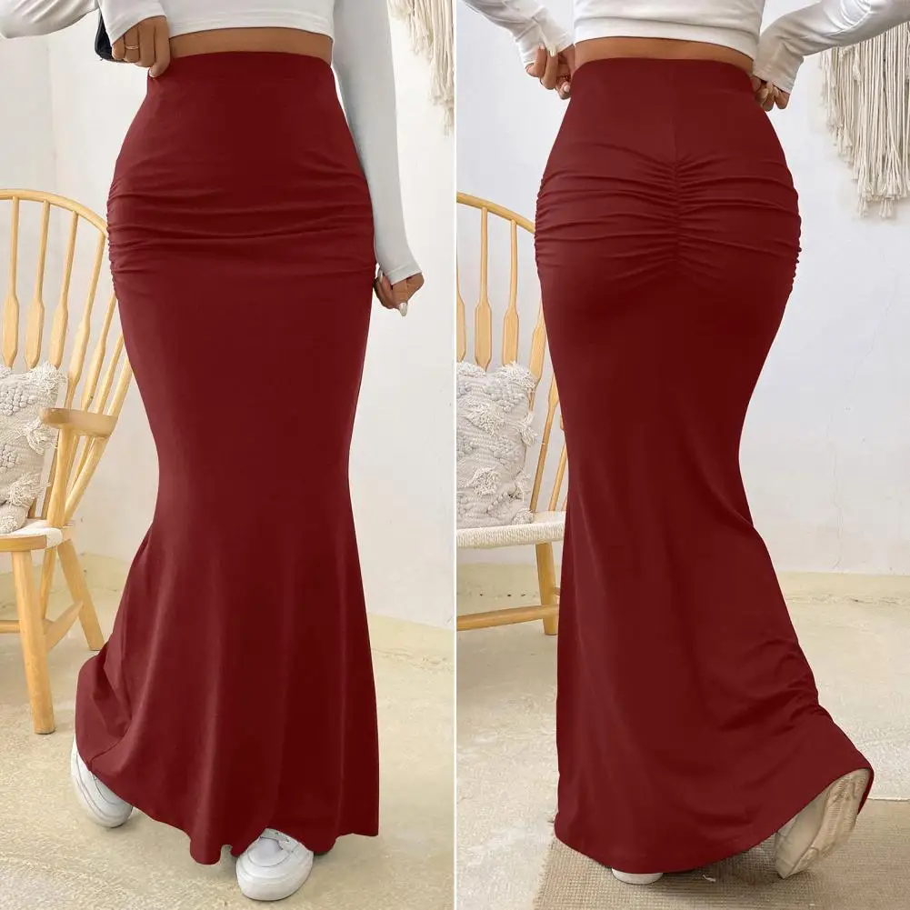 Women Maxi Skirts High Waist Solid Color Fishtail Skirt Hip Lifting Ankle Length Skirt Shirring  Mermaid Skirts Long Skirt