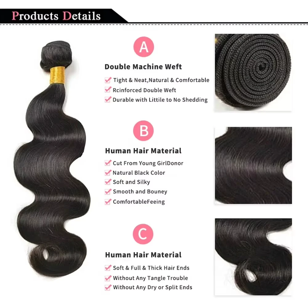 Body Wave Human Hair Bundles 14A  Remy Raw Virgin Jupade Extensions Bundle, Natural Black 10-34 Inch image 5