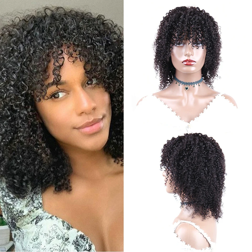 Kinky Curly Wig With Bangs Remy Brazilian Hair Full Machine Made Wigs Natural Color 10-30 Inch Curly Fringe Human Hair Wig