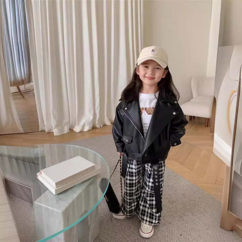 

Children's Jacket Autumn New Fashion Boys and Girls Leather Jacket with Turn-down Collar Motorcycle Short Leather Jacket