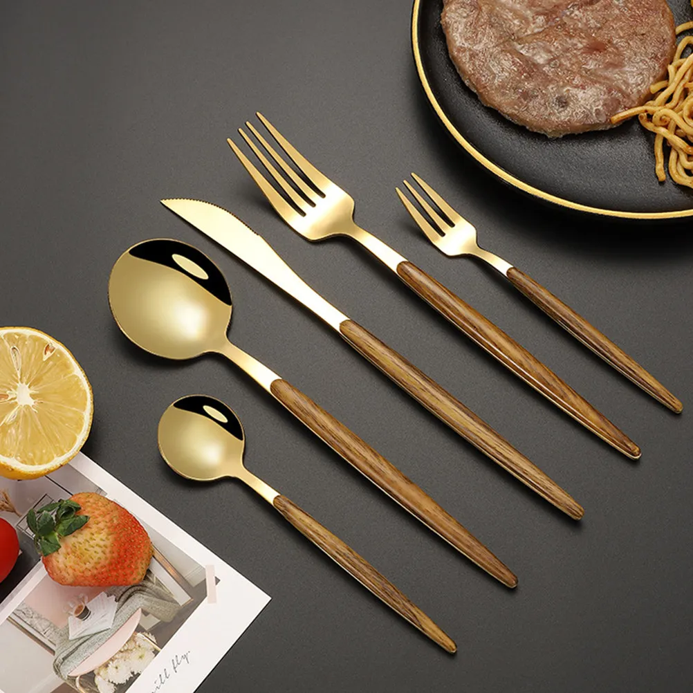 

5Pcs Luxury Stainless Steel and Wood Cutlery Set Golden Flatware Modern Design Tableware for Daily Dining Dessert Salad