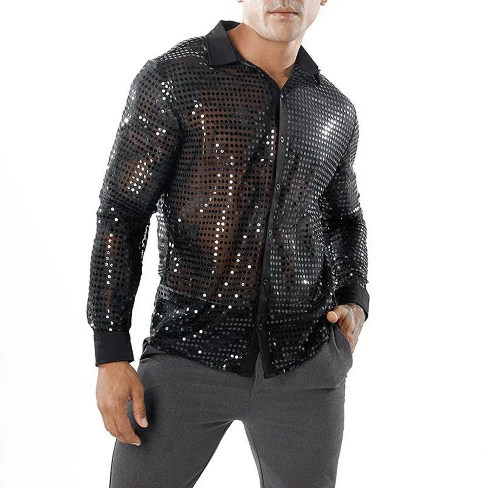 Men Sequined Shirt For Men Daily 1 1 Male Black Polyester + Mesh + Sequin Comfy Golden Spring Nightclub Silver