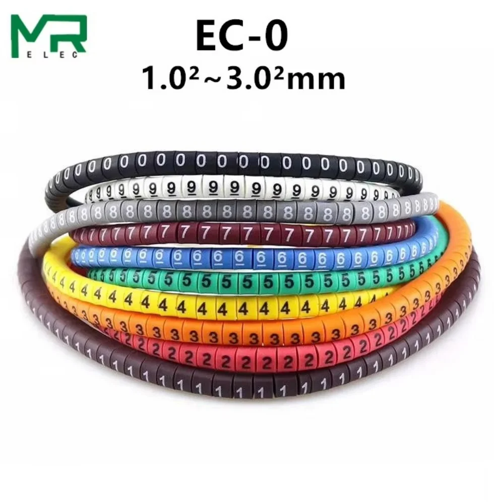 500PCS  EC-0  Colored Cable Wire Marker 0 to 9 For Cable Size 1.5 sqmm Colored