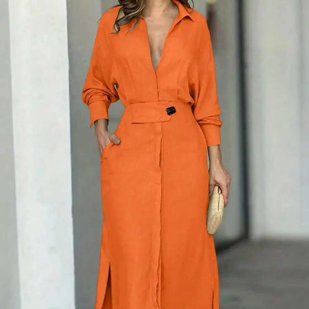 Women Belt Long Shirts Dress Deep V Neck Tight High Waist Side Split Party Dress Female Casual Long Sleeved Maxi Dress Vestidos