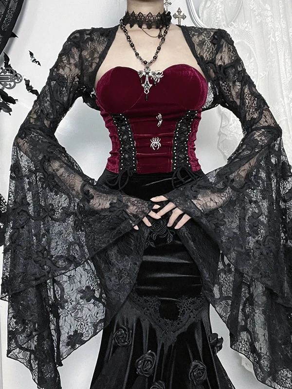 loween Gothic Lace Floral Print Women's Outfit with Fi Tail Skirt And Top Bundle k Sle High Waist Polyester Fiber