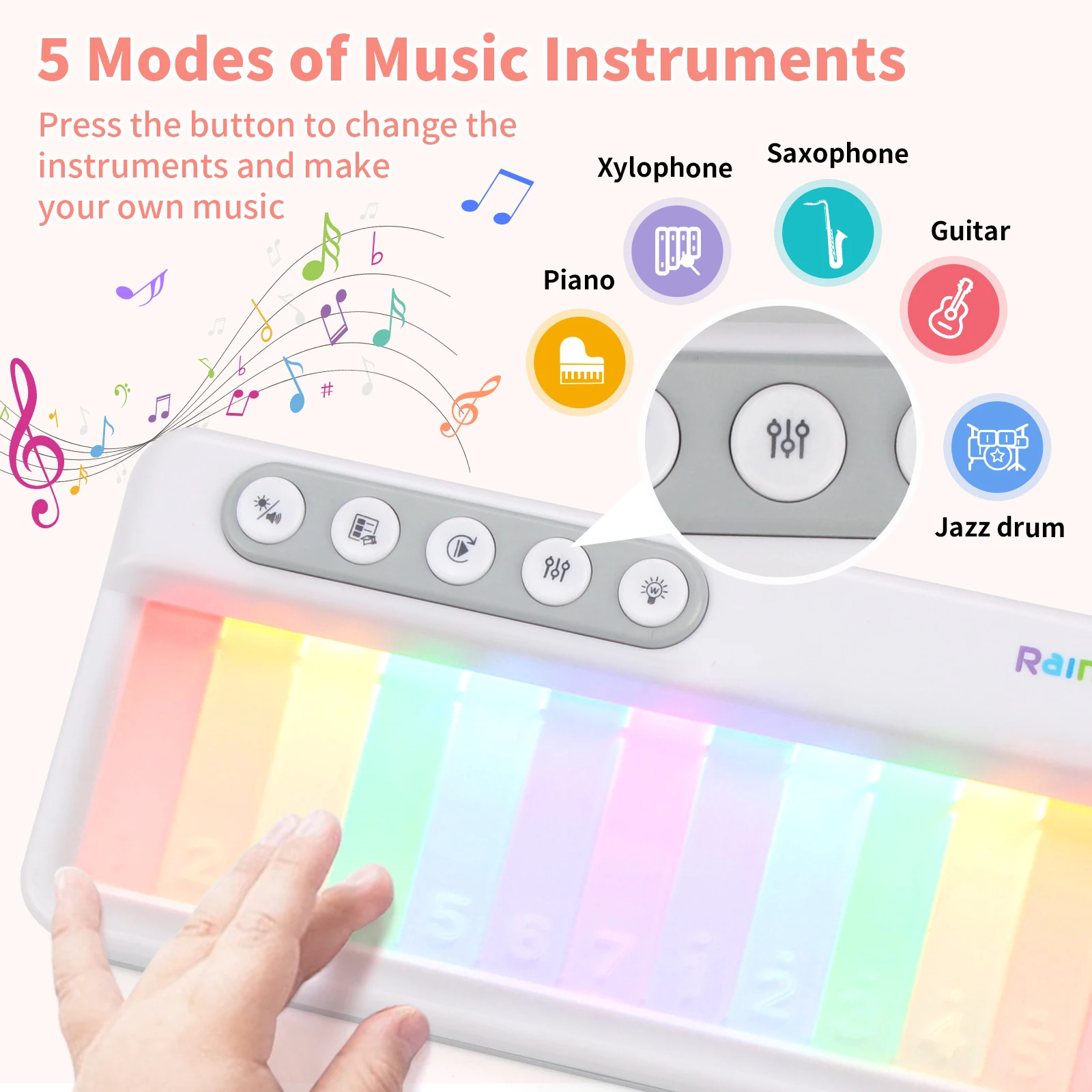 Arco-íris piscando piano brinquedos música eletrônica brinquedos teclado portátil com 5 instrumentos 13 melodia brinquedos educativos para crianças