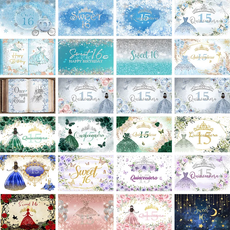 

15 and 16 Birthday Backdrop Shiny Glitter Blue Silver Snowflake Princess Dress Sweet Sixteen Photography Background for Girls