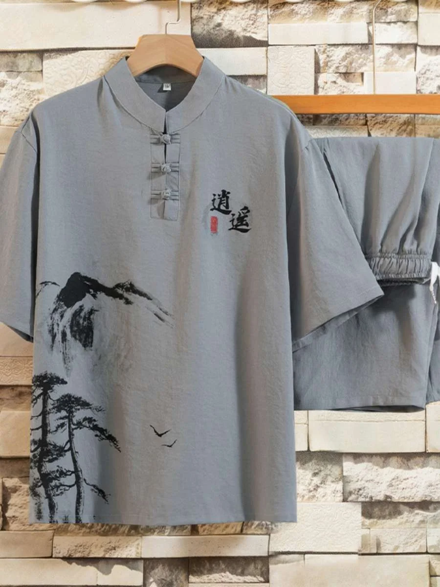 

Summer Clothing Set for Men Cotton Linen Short Sleeve T-Shirt Middle Aged And Elderly Grandpa Piece Set Two Tang Suit