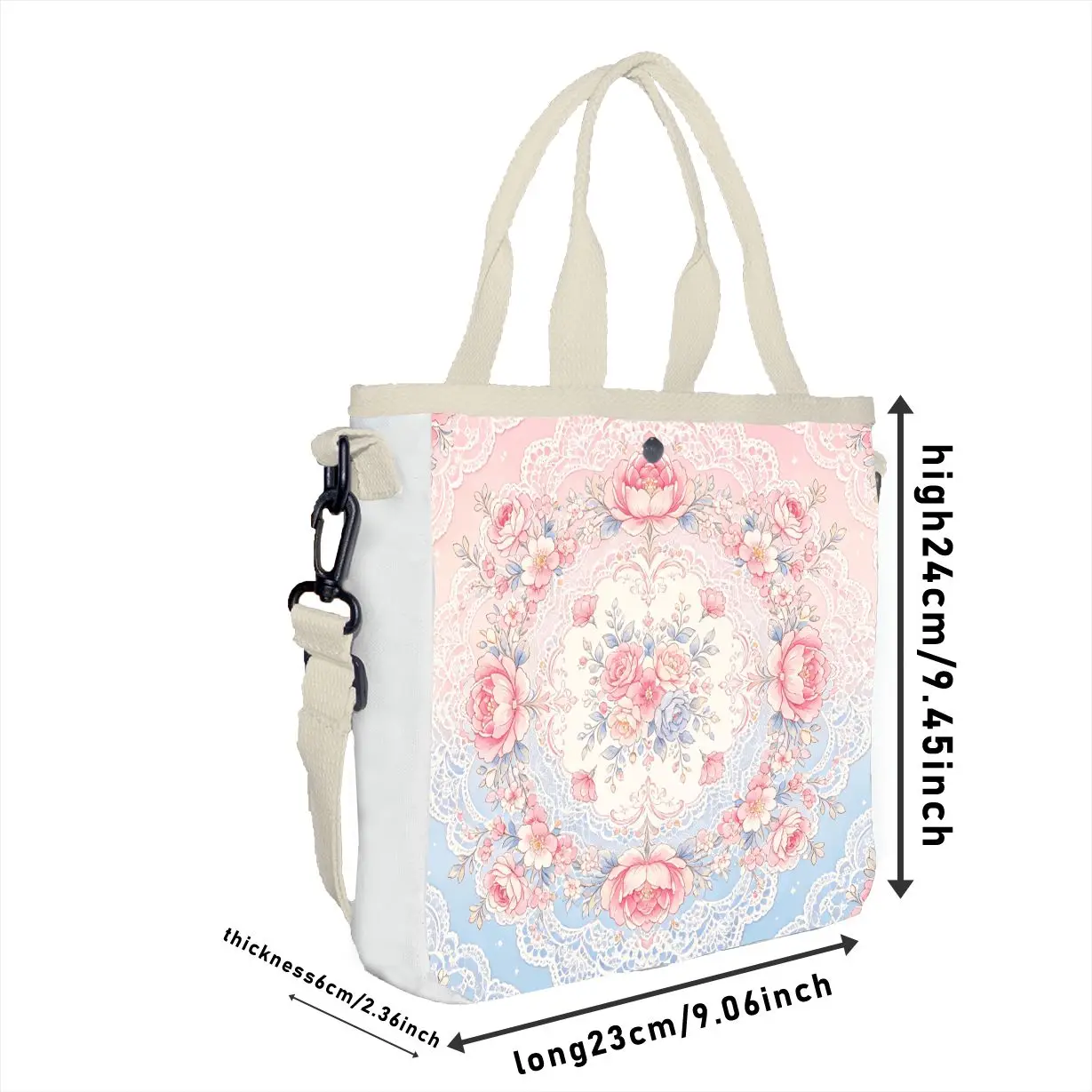 1pc Elegant Lolita Peony Lace Print Tote Bag, Adjustable Strap Gradient Pastel Shoulder Bag