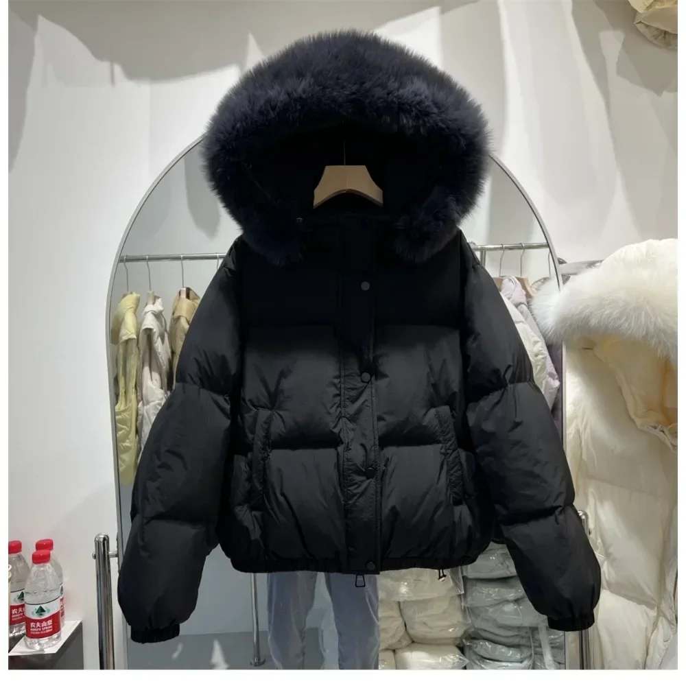 White Duck Down Jackets Female Women Real Big Fur Collar Hooded Fur Coats Puffer Jacket Fashion Winter Ladies Loose Overcoats