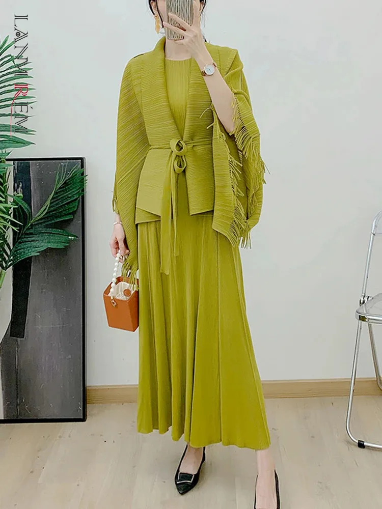 LANMREM Elegant Pleated 2 Piece Set Women Tassel Belt Cardigan Sleeveless Long Dresses Solid Color Fashion Sets 2024 New 2AA4364