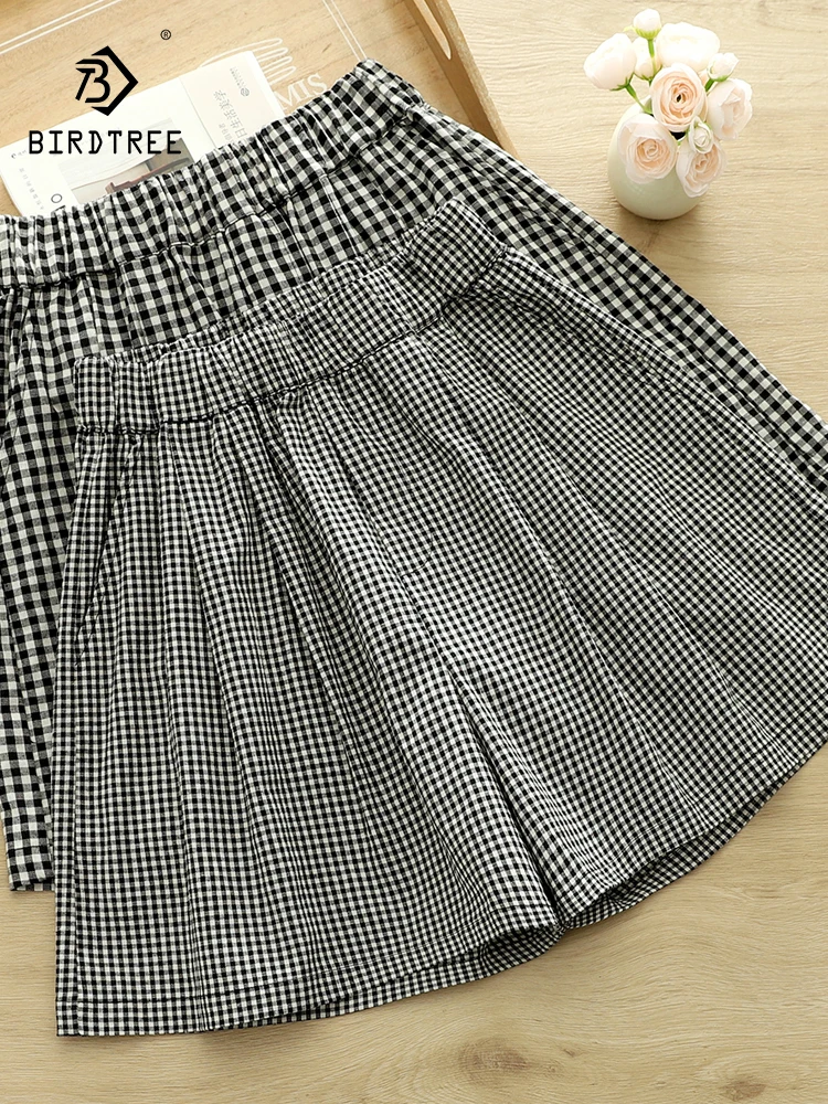 

New Summer Cotton Wide Leg Shorts, Women Elastic Waist Plaid Trouser, Mori Girl French Versatile Casual Loose Pants B54444CC