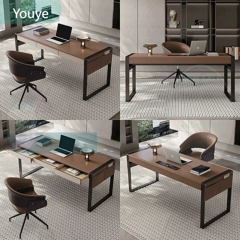 ZL Italian Minimalist Saddle Leather Desk Home Luxury Modern Writing Table Office Computer Desk