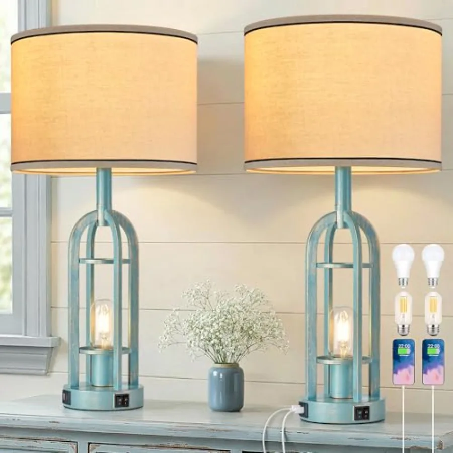 

Table Lamps for Living Room Set of 2 - Modern Farmhouse Lamps for Night Stands with Night Light and USB A+C, 24" Vintage Bedsid