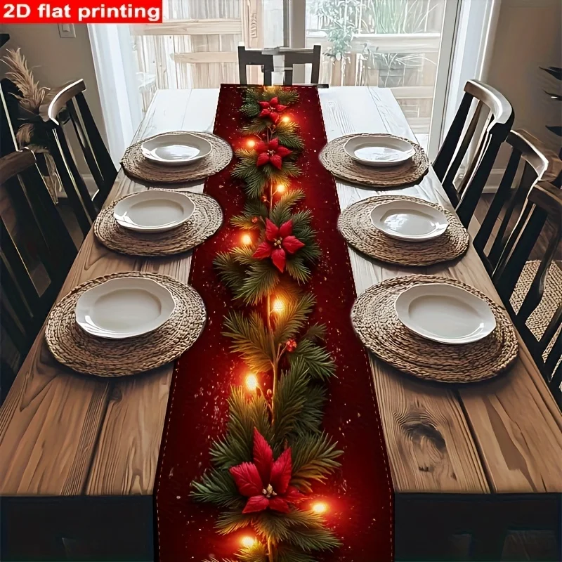 VIKAMA Christmas Table Runner Poinsettia Pine Branch Print Farmhouse Runner for Dining Table Xmas Banquet Decor