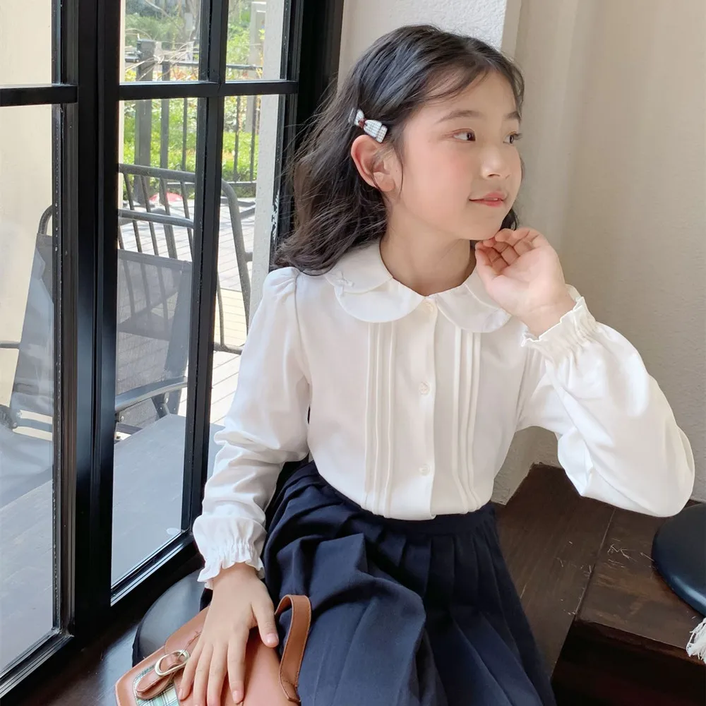 

spring kids girls clothes baby tops cotton shirts Double layered doll collar Sweet and lovely white shirt Girl's shirt