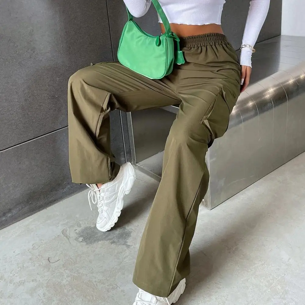 

Women Cargo Trousers Lady Soft Pants Korean Streetwear Women's Cargo Pants with Elastic Waist Wide Leg Solid Color for Casual